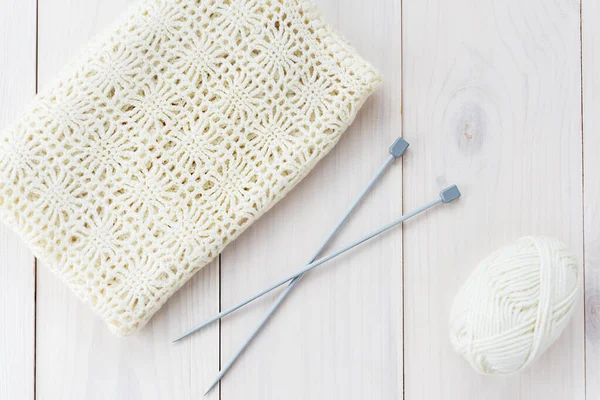 Knitting Needles Threads Knitting Wooden Table Horizontal Orientation Top View — Stock Photo, Image