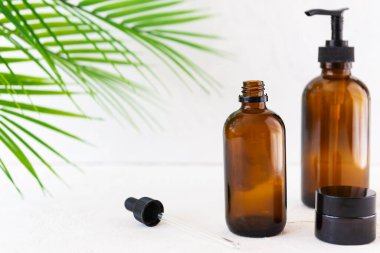 Şapkalı güneş gözlüğü ve sarı arka planda bir palmiye dalı. Yatay yönelim, kopyalama alanı, üst görünüm.