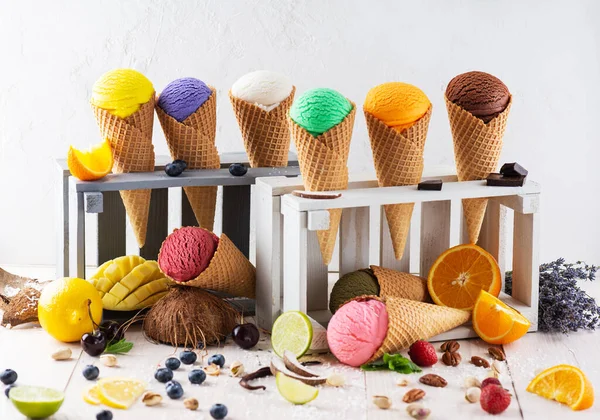 Different Types Ice Cream Berries Fruits Wooden Boxes — Stock Photo, Image