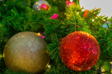 Yatay görüntü yakın çekim ve seçici odak kırmızı kırışıklık topu Noel ağacı üzerinde asılı