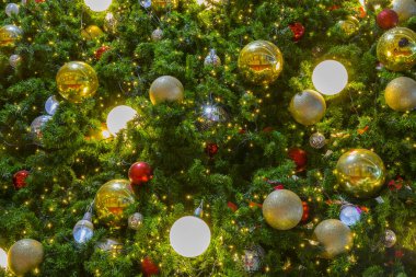 Yatay görüntü yakın çekim ve seçici odak kırmızı kırışıklık topu Noel ağacı üzerinde asılı