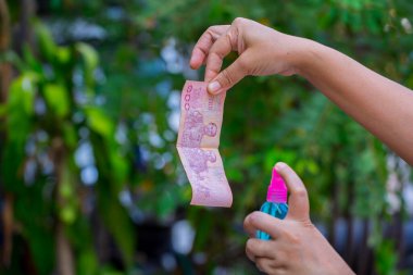 Asain kadınları, banknotları temizlemek, Coronavirus konsepti, Covit-19 önleme ve dezenfekte etmek için alkol tüketiyorlar..