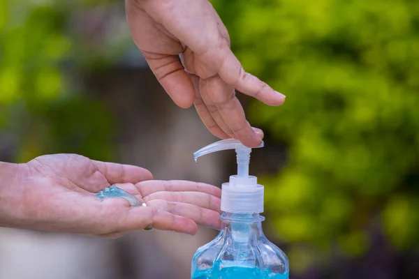 Blur Background Clean Hand Alcohol Gel Sanitizer Pump Hygiene Protect — Stock Photo, Image