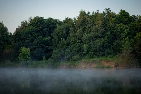 fog over the water of the lake forest is reflected in the water early in the morning before sunrise in summer