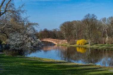 Nehrin üzerindeki köprü. Çiçek açan ağaçlarla ve mavi gökyüzüyle ilkbahar manzarası.