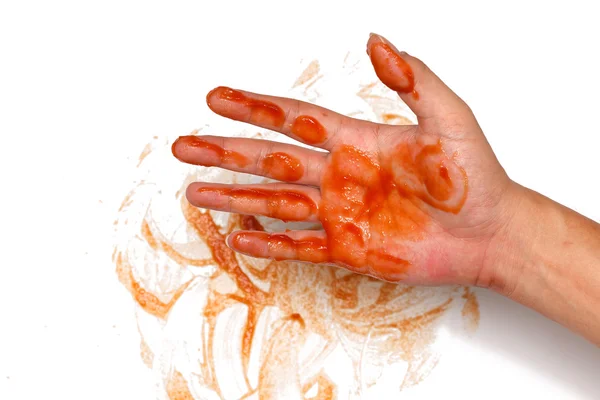 Kétchup derrame mancha mano sucia fondo blanco —  Fotos de Stock