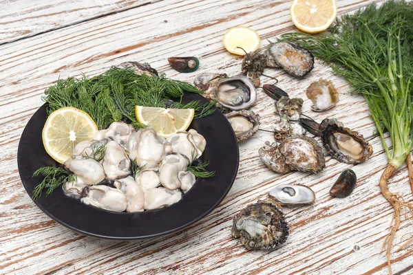 Oyster seafood lemon fresh mussel asia appetizer — Stock Photo, Image