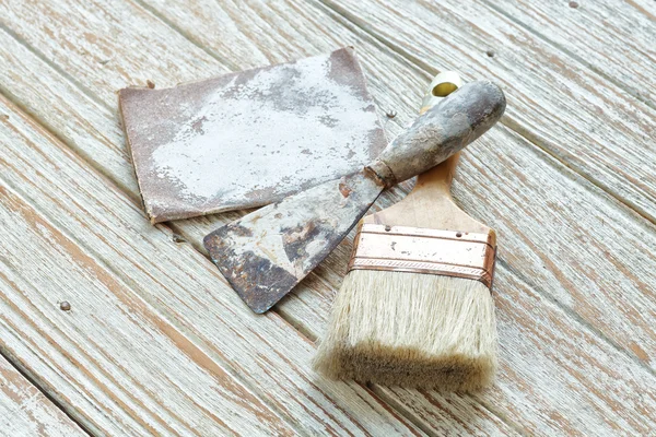 Penseel Troffel schuurpapier stilleven hout teakhouten antieke — Stockfoto