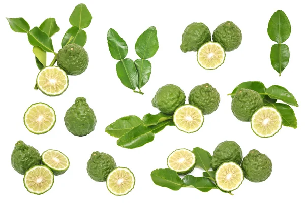 Bergamot kaffir lime leaves herb fresh ingredient isolated set — Stock Photo, Image