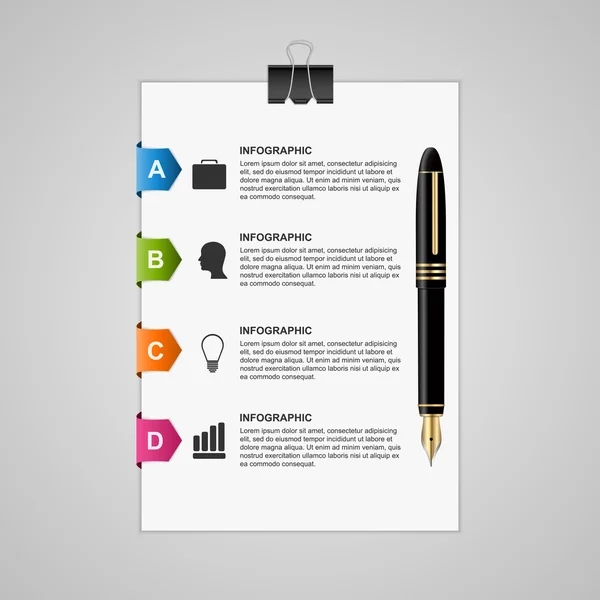 Business infografica foglio di carta con penna e frecce colorate — Vettoriale Stock