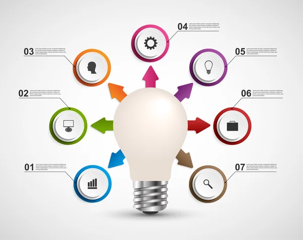 Infografica per presentazioni aziendali o opuscolo informativo. Idea lampadina con frecce. Illustrazione vettoriale . — Vettoriale Stock