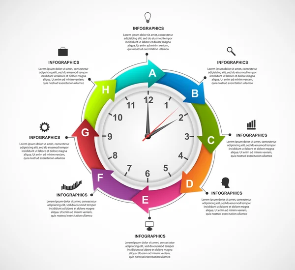 Σχεδιασμός infographics ρολόι με βέλη σε έναν κύκλο για παρουσιάσεις και φυλλάδια. Vector εικονογράφηση. — Διανυσματικό Αρχείο