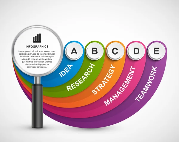 Plantilla de diseño de infografías abstracta con lupa. Ilustración vectorial . — Vector de stock