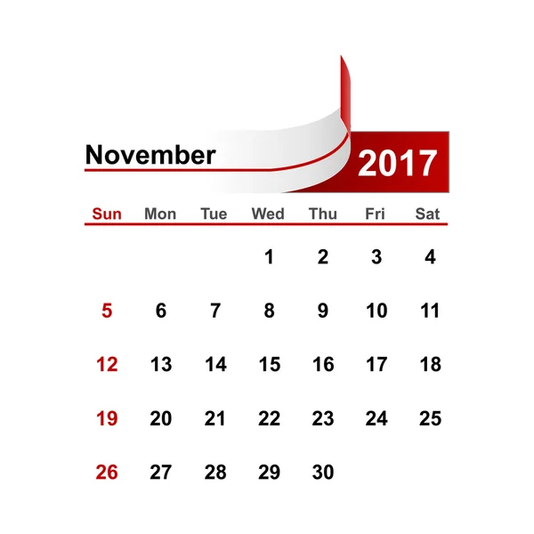 Vector simple calendar 2017 year november month. — Stock Vector