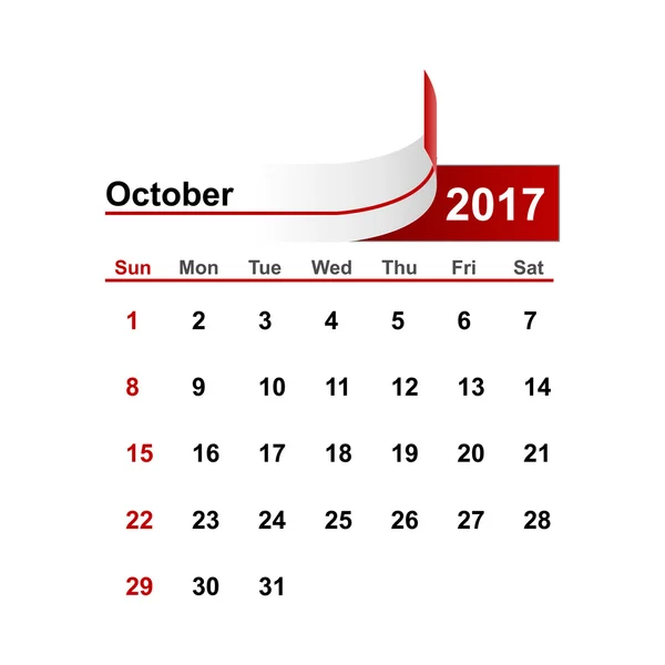 Calendario semplice vettoriale 2017 anno ottobre mese . — Vettoriale Stock