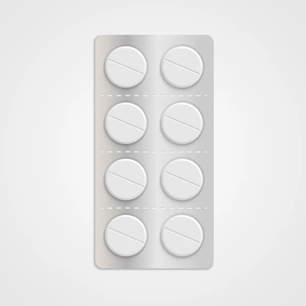 White realistic medical pills in blister pack. — Stock Vector