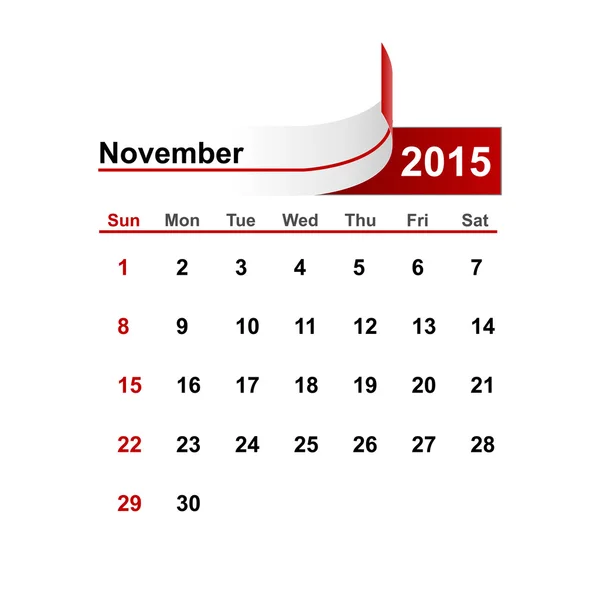 Vector simple calendar 2015 year november month. — Stock Vector