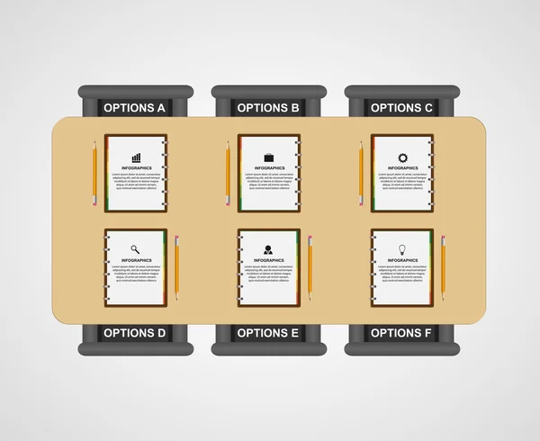 Business Teamwork Infografica. Notare libro, matita creativo concetto di ufficio sul posto di lavoro. Illustrazione vettoriale . — Vettoriale Stock