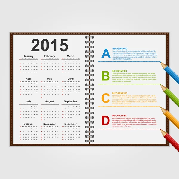 Plantilla de diseño infográfico. Abra el cuaderno con calendario y horario. Ilustración vectorial . — Vector de stock