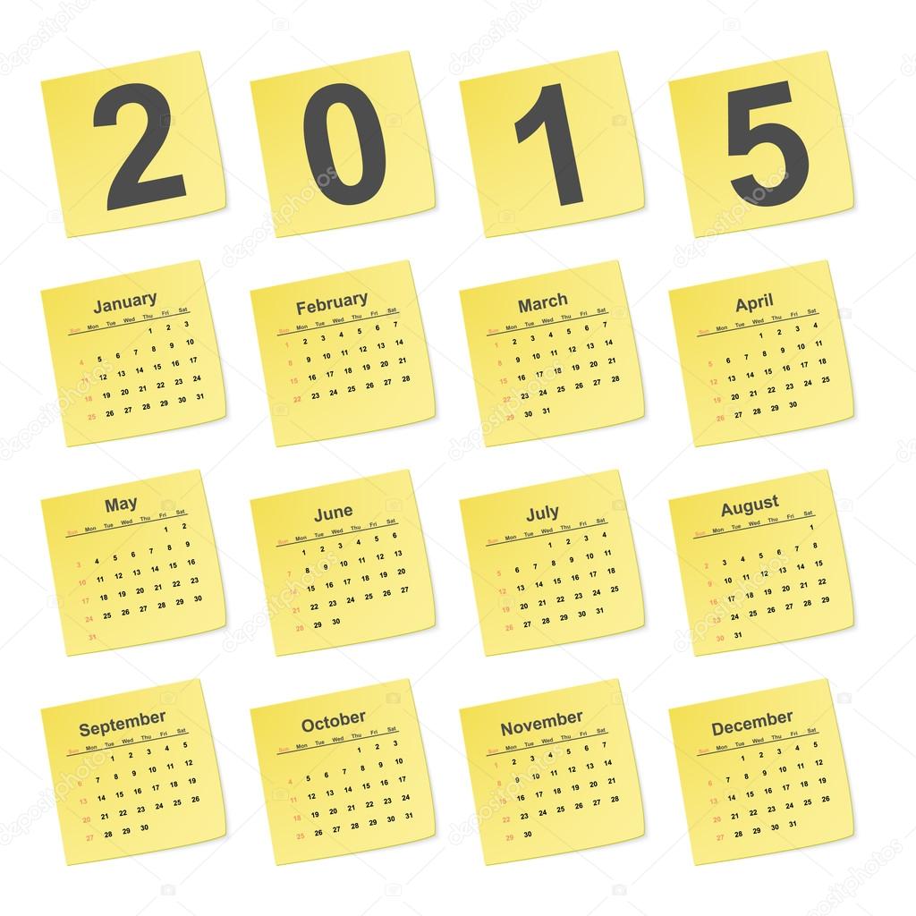 Vector simple calendar 2015 year on yellow stick notes. 