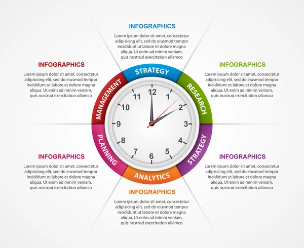 Αφηρημένη infographic με το ρολόι στο κέντρο. Πρότυπο σχεδίασης. — Διανυσματικό Αρχείο