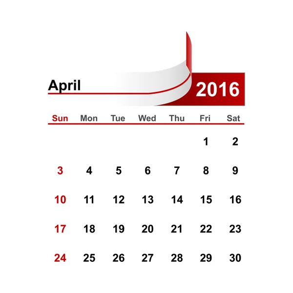 Vector simple calendar 2016 year april month. — Stock Vector