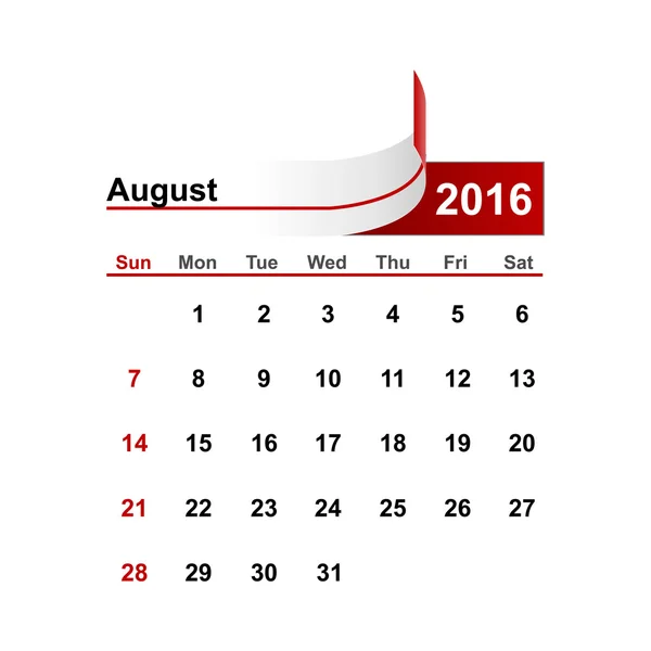 Calendario semplice vettoriale 2016 anno agosto mese . — Vettoriale Stock