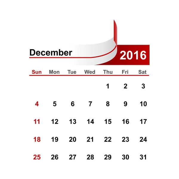 Vector simple calendar 2016 year december month. — Stock Vector