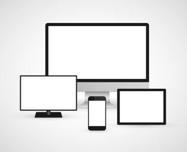 Modern teknoloji cihazlar bilgisayar monitörü, dijital tablet ve cep telefonu. Beyaz arka plan üzerinde izole.