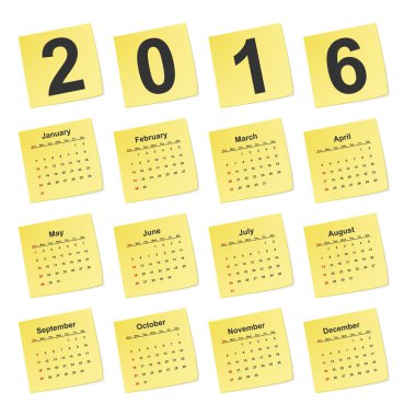 Vektör basit takvim 2016 yıl sarı sopa notları.