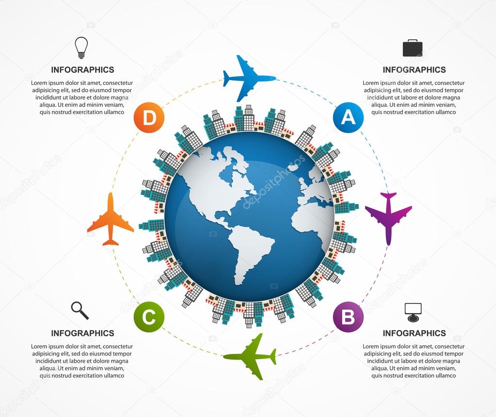 Abstract global airplane infographics design template. Can be used for websites, print, presentation, travel and tourism concept.