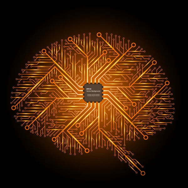 Das Gehirn in einem elektronischen Schaltkreis mit einem elektronischen Chip. Vektorhintergrund. — Stockvektor