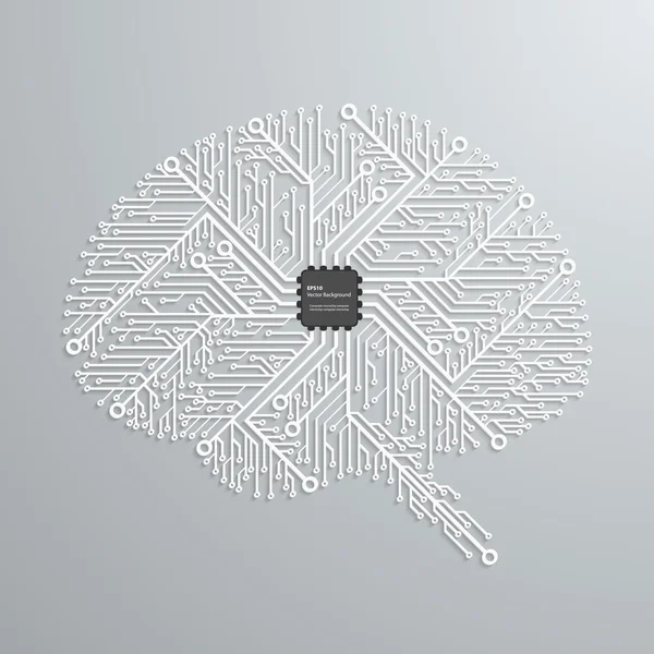 Das Gehirn in einem elektronischen Schaltkreis mit einem elektronischen Chip. Vektorhintergrund. — Stockvektor
