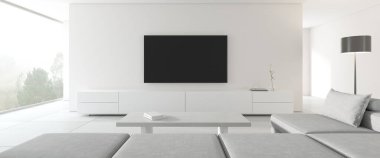 Kanepe ve televizyon ekranlı modern oturma odasının doğanın arka planında beyaz bir duvar..
