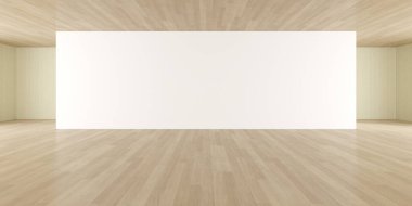 Ahşap zemin ve geniş düz duvarlı modern boş odanın 3 boyutlu görüntüsü..