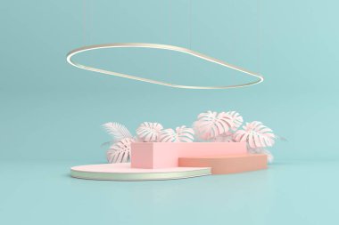 Bitkilerle soyut geometri podyumunun 3D görüntüsü.