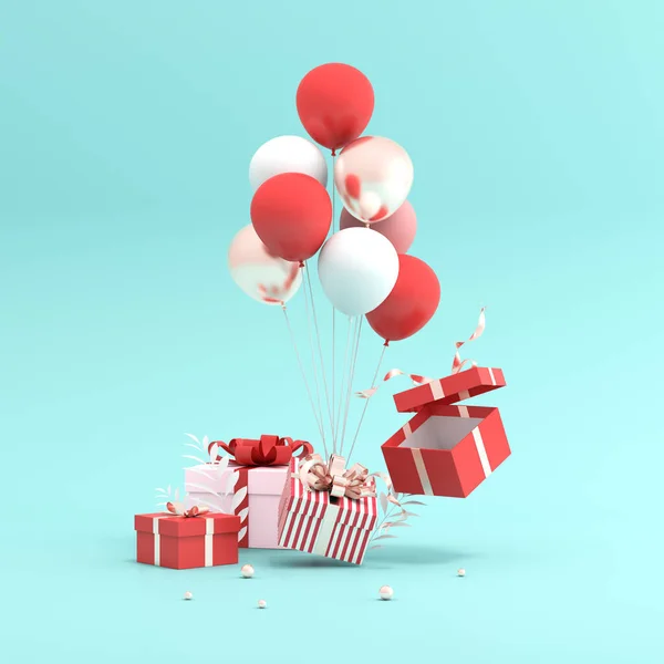 3D rendering of gift box and balloons.
