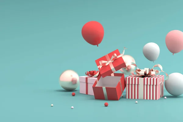 Hediye kutusu ve balonların 3D görüntülenmesi.