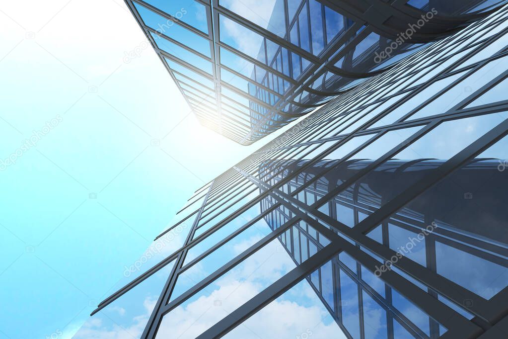 3D render of futuristic architecture, Skyscraper building with cloud reflected in glass of window.