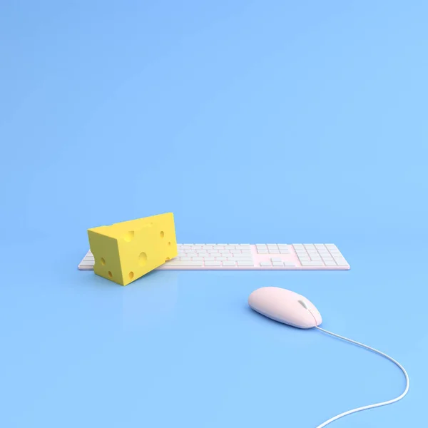 Cheese Computer Mouse Keyboard Minimal Concept Rendering — Stock Photo, Image