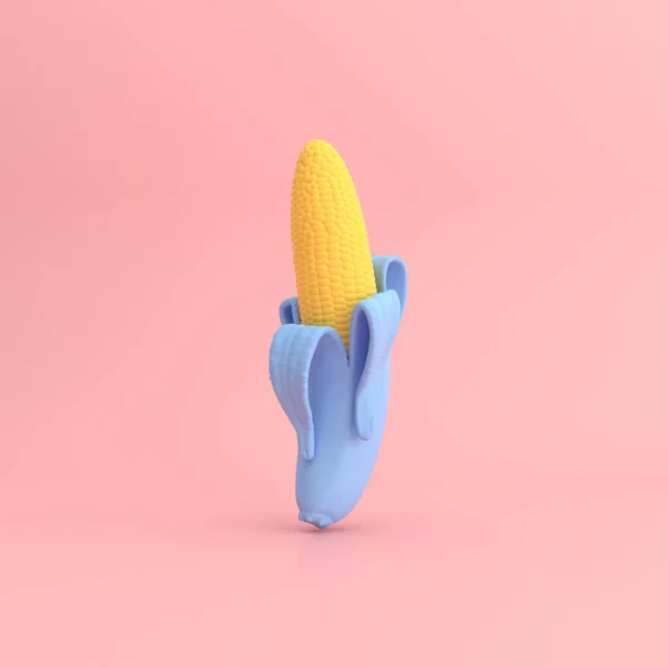 粉红背景的香蕉黄色玉米 最小的概念 3D渲染 — 图库照片