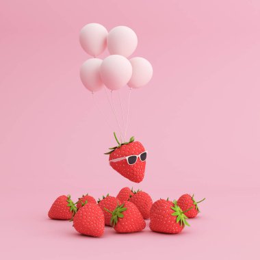 En az uçan balon ve çilek sahnesi, 3D görüntüleme.