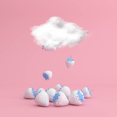 Buluttan düşen çilek, minimum konsept, 3D görüntüleme.