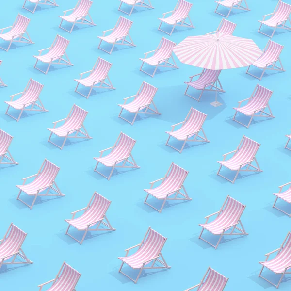 Trendy pattern with outdoor chairs and single umbrella, minimal scene, 3D rendering.