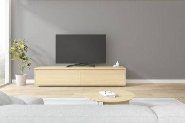 Kanepe ve ahşap dolapta TV ekranı olan modern oturma odasının 3 boyutlu canlandırması.