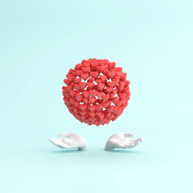 Uluslararası Kadınlar Günü posteri, Sevgililer Günü, her iki elinde de küre şeklinde küçük kalp, 3D çizim..