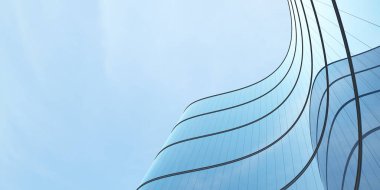 Fütürist mimarinin düşük açılı görüntüsü, eğri cam pencereli ofis binasının gökdeleni, 3D görüntüleme.