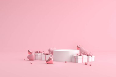 Kalp şeklinde balonları olan hediye kutusu podyumunu hazırla. 3d oluşturma.