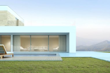 Dağın arka planında yüzme havuzu olan modern bir ev manzarası. 3d oluşturma.