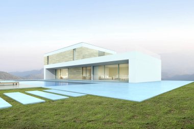Dağın arka planında yüzme havuzu olan modern bir ev manzarası. 3d oluşturma.